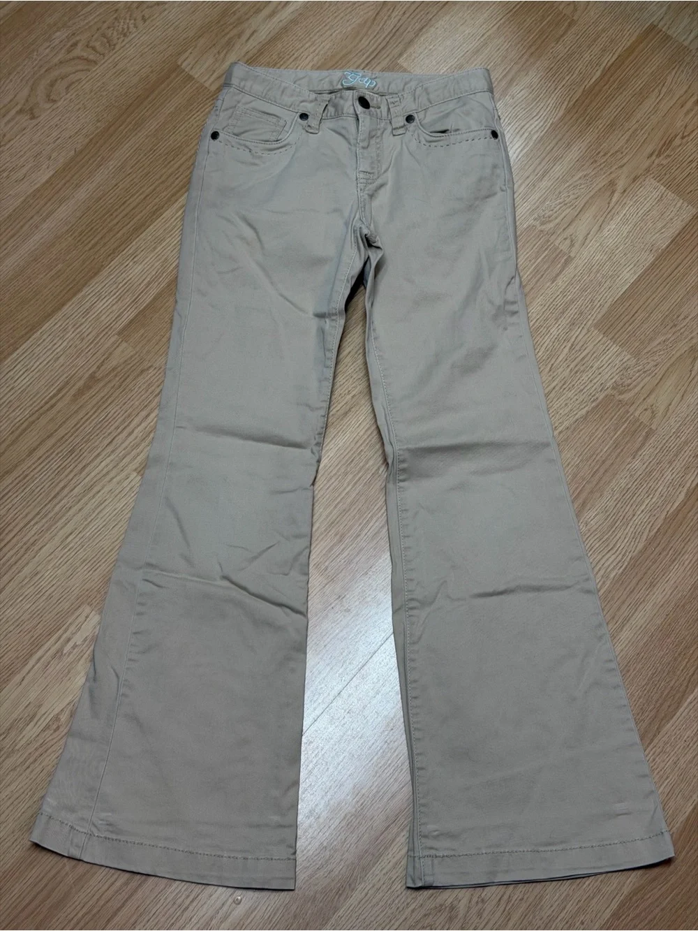 Gap Kids Girls Khaki Beige Flare Pants Stretch 12 Slim Embroidered Waist Y2K